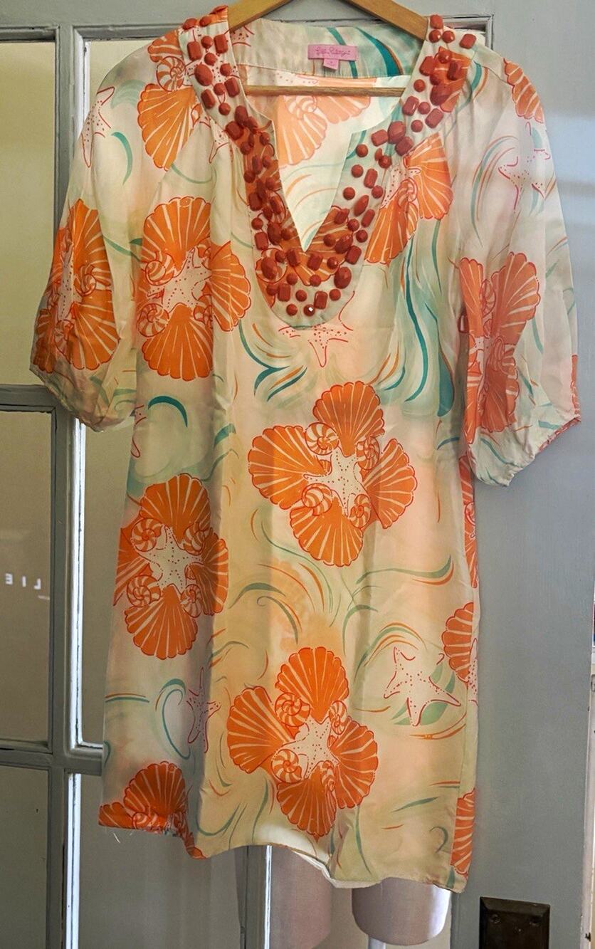 Lilly Pulitzer Silk Shell Starfish Dress Size 2 Embellished Beaded Resort 2010